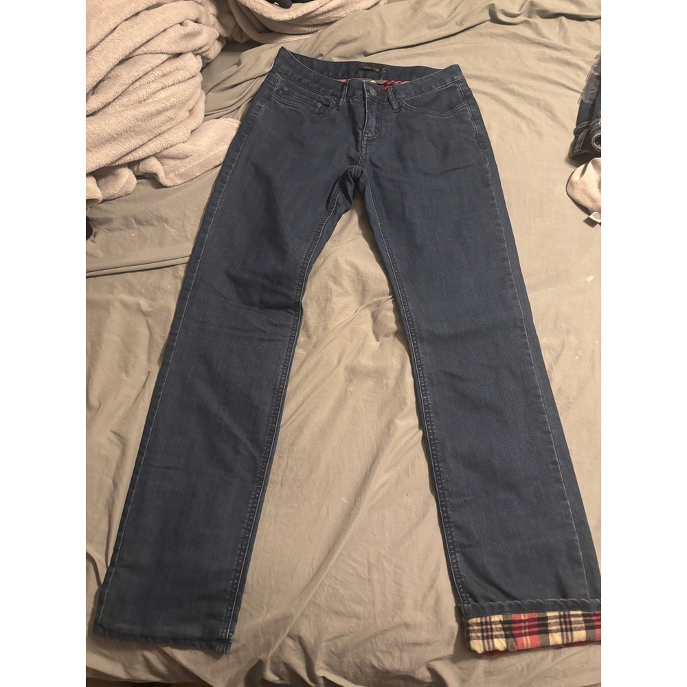 Prana Kara Flannel Lined Jeans Womens 2/26 Dark Wash Plaid Straight Leg Denim